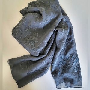 100% Silk Long Lightweight Black Embroidered Scarf